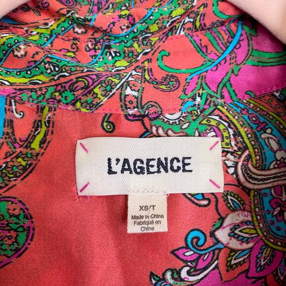 L'AGENCE Tyler Paisley Print Silk Shirt Rhodamine Bright Pop Size XS Pink - Picture 4 of 7